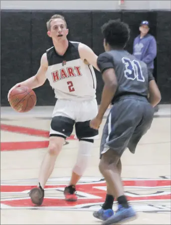  ??  ?? Haley Sawyer/The Signal Hart’s Caleb Waldeck dribbles the ball as he tries to move past Sierra Canyon’s Will Washington at Hart on Friday. Hart lost 79-63.