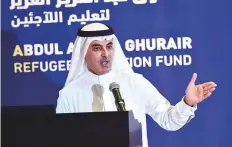  ?? Virendra Saklani/Gulf News ?? Abdul Aziz Al Ghurair, CEO of Mashreq Bank, announcing details of the funding programmes for the Abdul Aziz Al Ghurair Refugee Education Fund in Dubai yesterday.