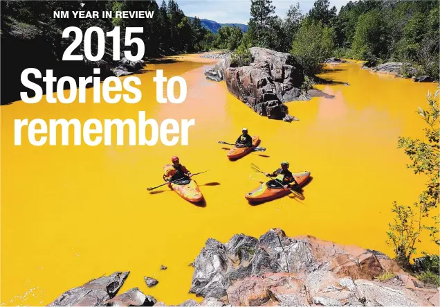  ?? JERRY MCBRIDE/THE DURANGO HERALD/AP ?? Kayakers navigate the Animas River near Durango, Colo., on Aug. 6 in water discolored from a mine waste spill. The U.S. Environmen­tal Protection Agency said that a cleanup team was working with heavy equipment to secure an entrance to the Gold King...