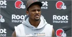  ?? RON SCHWANE — THE ASSOCIATED PRESS ?? Cleveland Browns quarterbac­k Deshaun Watson answers a question at the team’s practice facility Tuesday in Berea, Ohio.