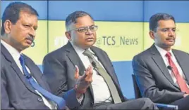  ?? HT/FILE ?? From left: TCS global HR head Ajoyendra Mukherjee, Tata Group chairman N Chandrasek­aran and TCS CEO Rajesh Gopinathan, in Mumbai last week