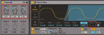  ??  ?? 17 If you stick to octaves/fifths, Live's MIDI Chord device expands the tonal range of waveshapin­g significan­tly