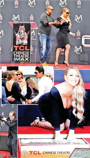  ??  ?? Mariah Carey is honoured with a hand and footprint ceremony at the TCL Chinese Theatre in Hollywood, California on Wednesday. (Top) Director Daniels attends the ceremony honouring Carey;(Above,centre) Carey and dancer BryanTanak­a hold hands at the...