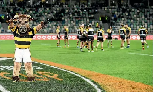  ?? SUPPLIED ?? Ferdy, Taranaki rugby’s mascot celebrates a memorable victory against the Magpies.