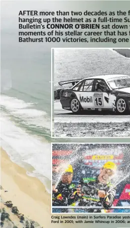  ??  ?? Craig Lowndes (main) in Surfers Paradise yesterday and (clockwise from top left) at Bathurst in 1994; his shocking crash in 1999; trying out a Ford in 2001; with Jamie Whincup in 2006; and celebratin­g his 2018 mountain triumph.