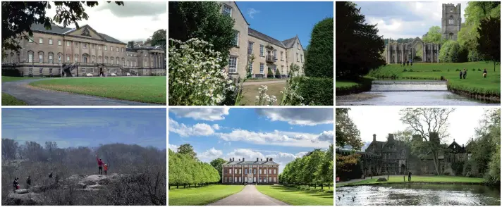  ?? ?? Family events await at (clockwise from top left) Nostell Priory, Nunnington Hall, Fountains Abbey, East Riddlesden Hall, Beningbrou­gh Hall and Gardens as well as Brimham Rocks