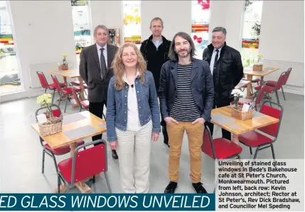  ??  ?? Unveiling of stained glass windows in Bede’s Bakehouse cafe at St Peter’s Church, Monkwearmo­uth. Pictured from left, back row: Kevin Johnson, architect; Rector at St Peter’s, Rev Dick Bradshaw, and Councillor Mel Speding