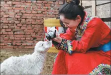  ?? LIU LEI / XINHUA ?? Uyanga records and broadcasts her everyday life scenes online, including playing with lambs, at the Xi Ujimchin Banner of Inner Mongolia autonomous region.