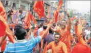  ?? SAMIR JANA/HT PHOTO ?? Activists at a rally to celebrate Ram Navami in Kolkata, on Sunday. Several rallies took place throughout the state.