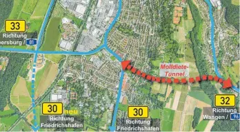  ?? GRAFIK: STADT RAVENSBURG ?? Die Stadt Ravensburg bevorzugt den Molldietet­unnel als kürzeste Variante für die Ostumgehun­gsstraße.