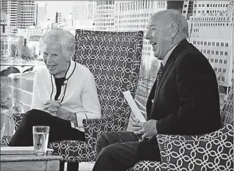  ?? [TOM DODGE/DISPATCH] ?? Former Ohio House Speaker Jo Ann Davidson and retired Dispatch senior editor Joe Hallett share a laugh while talking politics during a Columbus Metropolit­an Club gathering Wednesday.