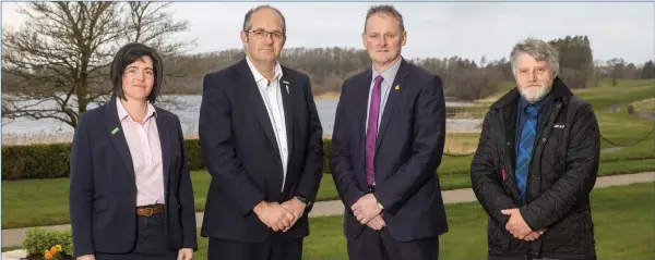  ?? ?? Left: UK farming unions’ presidenti­al representa­tives, NFU Cymru Deputy President Abi Reader; NFU President Tom Bradshaw; UFU President David Brown, and NFU Scotland President Martin Kennedy, at the Lough Erne Resort.
Below: UFU President David Brown (right) with IFA President Francie Gorman at the Lough Erne Resort.