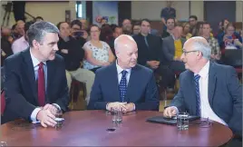  ?? CP PHOTO ?? Nova Scotia Premier Stephen McNeil (left), Progressiv­e Conservati­ve Leader Jamie Baillie (centre) and NDP Leader Gary Burrill talk prior to a roundtable discussion at Saint Mary’s University in Halifax on Thursday.