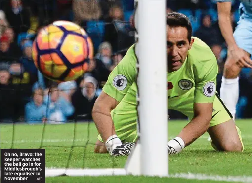  ?? AFP ?? Oh no, Bravo: the keeper watches the ball go in for Middlesbro­ugh’s late equaliser in November