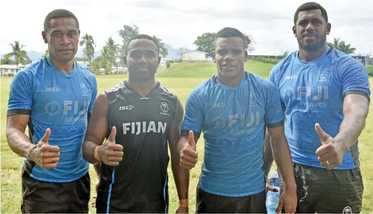  ?? Photo: Waisea Nasokia ?? Fiji Airways Fijian 7s players (left-right) Rusiate Matai, Waisea Nacuqu, Napolioni Ratu Bolaca and Kalioni Nasoko take a break from training at Fiji Airports ground in Namaka, Nadi on July 7, 2020. They are going to play for the Yasawa Marlins in their Skipper Cup opener against Nadi on July 25.