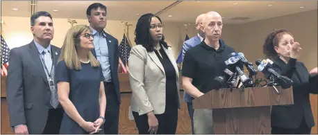  ?? MEDIANEWS GROUP FILE PHOTO ?? Delaware County Council Chairman Brian Zidek addresses the press at a news conference in March as other county officials look on.