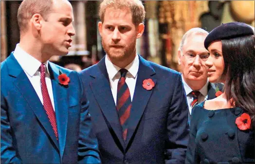  ??  ?? PROTECTIVE:
Prince William chats to his younger brother Harry and Meghan at an Armistice Day service held in Westminste­r Abbey in 2018