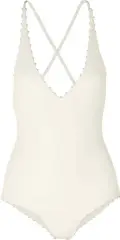  ??  ?? Marysia Swimsuit There’s nothing quite as elegant as a white one-piece, and this ‘Torrey’ stretch-crepe design ramps up its appeal with a plunging neckline and pretty French knots. US$415