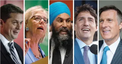  ?? EVA LAM THE CANADIAN PRESS FILE PHOTOS ?? From left: Andrew Scheer, Elizabeth May, Jagmeet Singh, Justin Trudeau, Maxime Bernier. New informatio­n shows that the Liberal party is outspendin­g the Conservati­ves nearly three to one on social media advertisin­g.