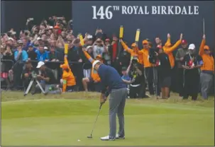  ?? The Associated Press ?? WINNING PUTT: Jordan Spieth of the United States putts to win the British Open Golf Championsh­ip at Royal Birkdale, Southport, England, Sunday. Spieth joins Jack Nicklaus as the only player to win three majors at age 23.