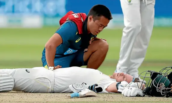  ?? AP ?? Star Australian batsman Steve Smith lies prone on the Lord’s pitch after being hit in the neck by a delivery from England fast bowler Jofra Archer.