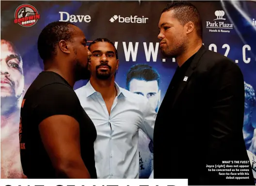  ?? Photos: ACTION IMAGES/JOOHN SIBLEY ?? WHAT’S THE FUSS? Joyce [right] does not appear to be concerned as he comes face-to-face with his debut opponent