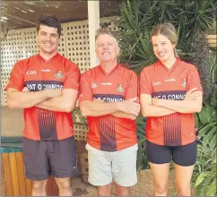  ?? ?? Pictured in Australia proudly wearing their Ballyporee­n football jerseys are Emmet, Greg and Maeve Cashel.