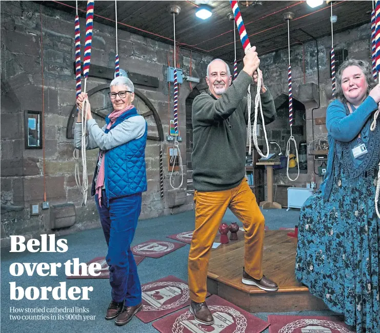  ?? Pictures Andrew Cawley ?? Bell ringers Amanda and Michael Rodger and Ruth Gilbert, on right, in Carlisle Cathedral ringing room