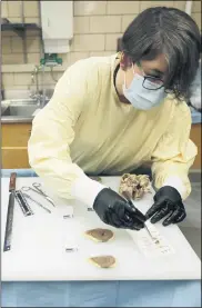  ?? TED S. WARREN — THE ASSOCIATED PRESS ?? Dr. Desiree Marshall, director of Autopsy and After Death Services for University of Washington Medicine, prepares samples from the preserved heart of a person who died of COVID-19related complicati­ons, as she works July 14 in a negative-pressure laboratory in Seattle.