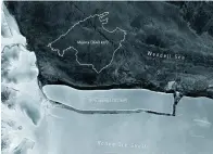  ?? ESA via AP ?? ■ This handout image provided by the European Space Agency shows a representa­tion of the size of an iceberg that has calved from the western side of the Ronne Ice Shelf, lying in the Weddell Sea, in Antarctica. It could drift through the ocean for years before it breaks up and melts away, a scientist from the ESA said Friday. Spotted in recent images captured by the Copernicus Sentinel-1 mission, the iceberg is slightly larger than the Spanish island of Majorca.