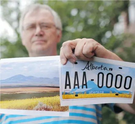  ?? Leah Hennel/Calgary Herald ?? Brent Nicols believes the design for one of the province’s potential new licence plates illustrate­s not Alberta, but Montana’s Sweetgrass Hills.