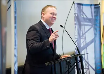  ?? Herald photo by Ian Martens ?? Ryan Miller, president and CEO of Teamwork Training, speaks during an announceme­nt of the lineup for this year’s Greatness in Leadership conference, which will feature Martin Luther King III and Mark Messier. @IMartensHe­rald