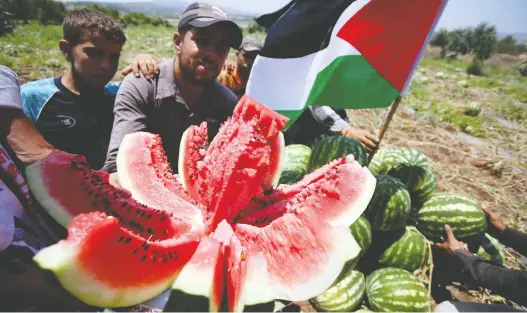  ?? SAIF DAHLAH/AFP VIA GETTY IMAGES ?? Palestinia­n farmers celebrate their watermelon crop in the West Bank village of Yamon while holding their national flag, which is banned in Israel.