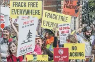  ??  ?? ANGRY DEBATE: Protesters outside Northaller­ton County Hall as the planning applicatio­n for fracking near Kirby Misperton was heard.