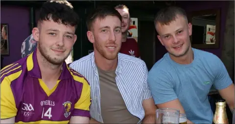  ??  ?? Shane Bates, John Crean and Conor Cullen watching the Wexford-Clare match in Maggie May’s.