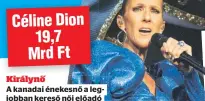  ??  ?? Királynő
A kanadai énekesnő a legjobban kereső női előadó ebben az esztendőbe­n
Céline Dion
19,7 Mrd Ft