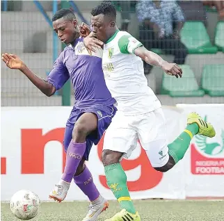  ??  ?? Stephen Odey (L) of MFM vies for the ball against Daniel Itodo of Plateau United during the Nigeria Profession­al Football League match last season