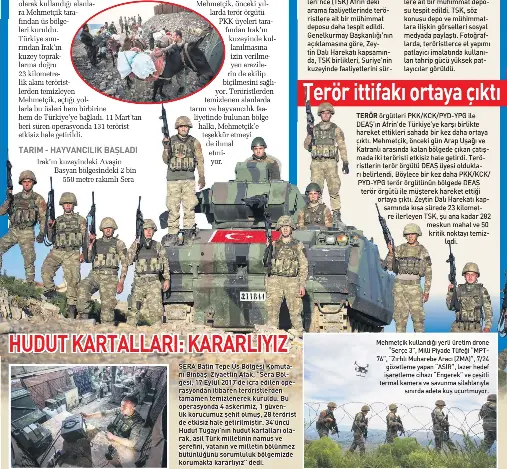  ??  ?? Mehmetçik kullandığı yerli üretim drone “Serçe 3”, Milli Piyade Tüfeği “MPT76”, “Zırhlı Muharebe Aracı (ZMA)”, 7/24 gözetleme yapan “ASIR”, lazer hedef işaretleme cihazı “Engerek” ve çeşitli termal kamera ve savunma silahlarıy­la sınırda adeta kuş...