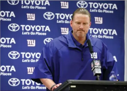  ?? MICHAEL AINSWORTH - THE ASSOCIATED PRESS ?? In this Sept. 10 file photo, New York Giants head coach Ben McAdoo talks to the media following an NFL football game against the Dallas Cowboys on Sunday,, in Arlington, Texas.