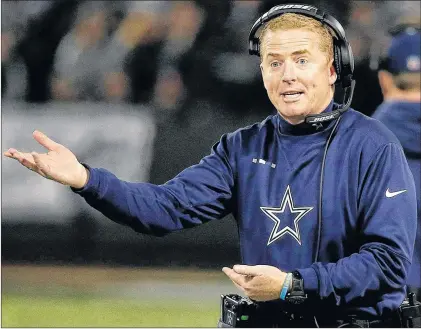  ?? AP PHOTO ?? Dallas Cowboys head coach Jason Garrett gestures toward an official during the second half of an NFL game against the Oakland Raiders in Oakland, Calif., Sunday.