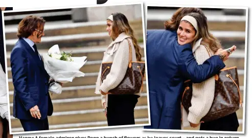  ??  ?? Happy: A female admirer gives Depp a bunch of flowers as he leaves court – and gets a hug in return