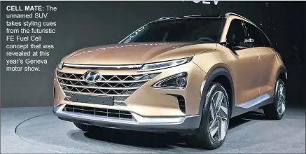  ??  ?? CELL MATE: The unnamed SUV takes styling cues from the futuristic FE Fuel Cell concept that was revealed at this year’s Geneva motor show.