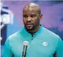  ?? MICHAEL CONROY/AP ?? Dolphins head coach Brian Flores speaks at the NFL scouting combine Wednesday in Indianapol­is.