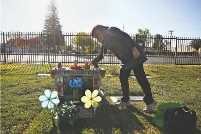  ?? Lea Suzuki / The Chronicle ?? Jeannie Atienza places holiday decoration­s on the headstone of her son Laudemer Arboleda during a November visit to Chapel of the Chimes Memorial Park in Hayward. Arboleda was shot and killed while trying to flee police in 2018.