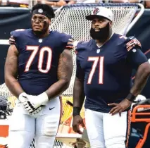  ?? ASHLEE REZIN/SUN-TIMES (LEFT), GETTY IMAGES ?? With less than three weeks before the opener, Elijah Wilkinson (from left), Jason Peters and rookie Larry Borom are competing for the Bears’ starting job at left tackle.