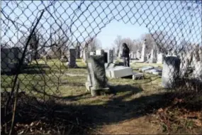  ?? JACQUELINE LARMA — THE ASSOCIATED PRESS ?? In this Tuesday file photo, Stacy Biscardi searches the grounds of Mount Carmel Cemetery for a relatives’ grave in Philadelph­ia. Volunteers helped clean up and restore the Jewish cemetery where vandals damaged hundreds of headstones. In a Thursday...