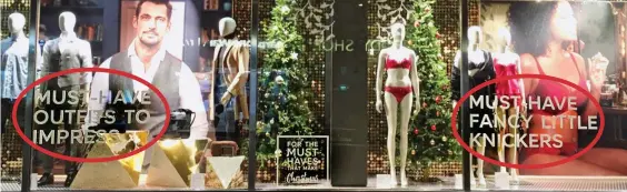  ??  ?? Missing the Marks: The window display in the Nottingham store was attacked as sexist over its ‘must-haves’ for men and women