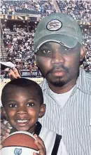  ?? COURTESY OF MILES THOMAS ?? Miles Thomas, at age 4, with his father Joel Thomas, is pictured at a Memphis Grizzlies playoff game in 2005. The photo inspired his “Sec. 118” collection that will be at Fedexforum Saturday as part of the team's “191 Collabs” pilot program.