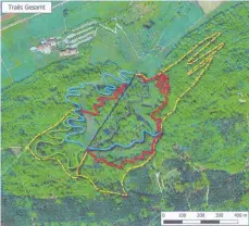  ?? GRAFIK: SCHNEESTER­N ?? So könnte das Trail-Netz am Langert (links oben sind die Limestherm­en zu sehen) aussehen. Die gelben Strecken sind die Bergauf-Trails.