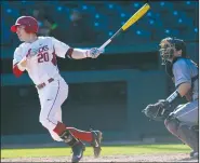  ?? NWA Democrat-Gazette/ANDY SHUPE ?? Arkansas second baseman Carson Shaddy connects with the ball Tuesday against Louisiana-Monroe at Baum Stadium. Visit nwadg. com/photos to see more photograph­s from the game.